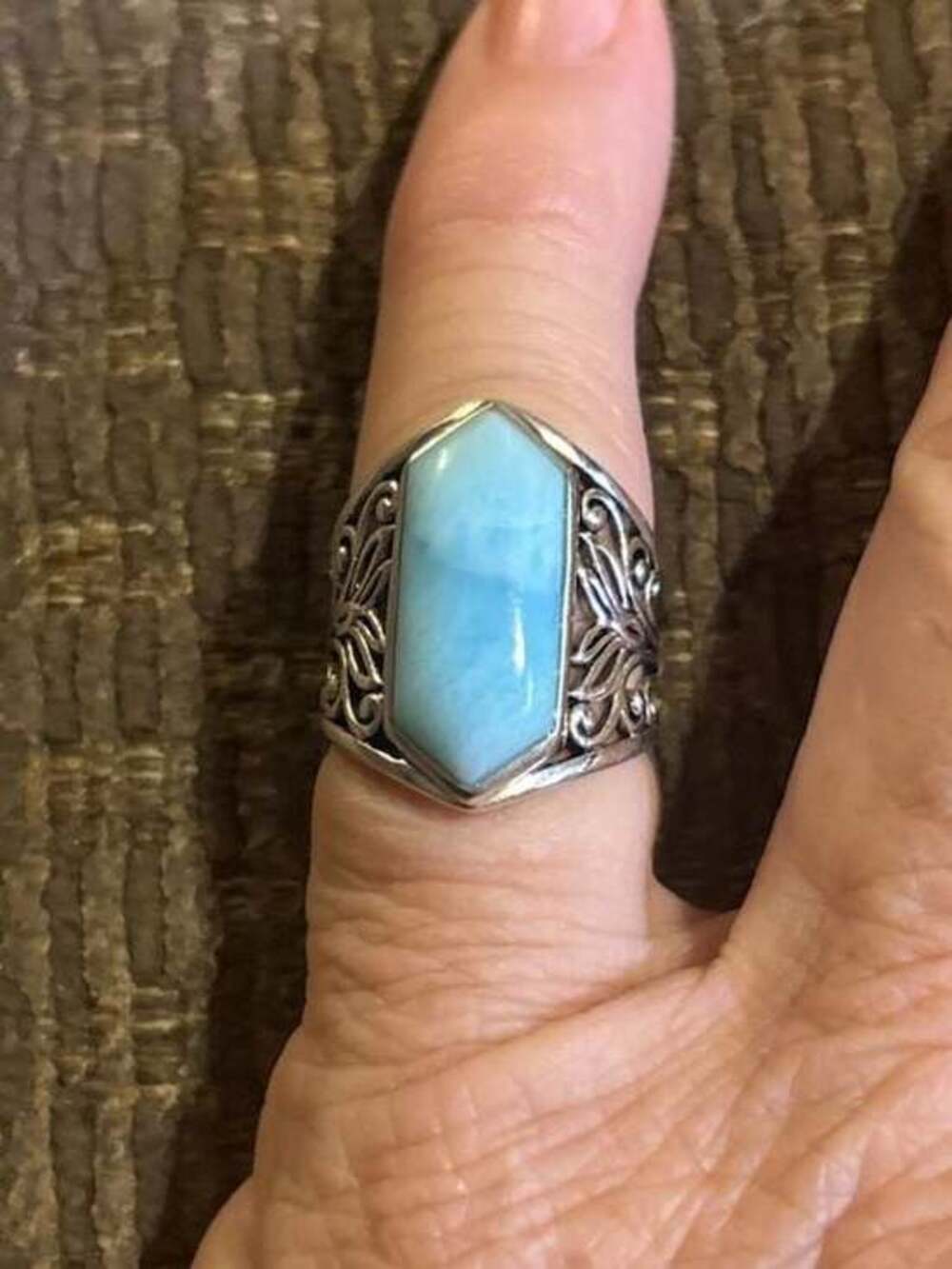 BBJ Sterling Silver Elongated Larimar Floral Filigree Ring